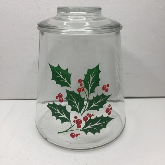 Large Christmas Holly Berry Cookie Snack Glass Jar Canister Container Candy NOS